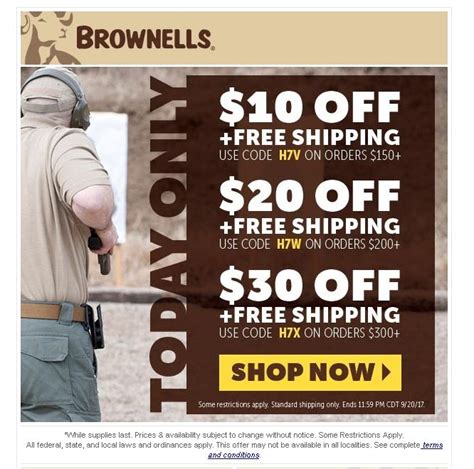Brownells discount code - Related Article – Bass Pro Shop Military Discount. 1. Brownell Coupon Codes. Brownells typically has a coupon code that can be used online at all times. This code changes from time to time, but there is almost always some type of deal available. For example, today’s coupon code is VB5, which will entitle you to free shipping on all orders ...
